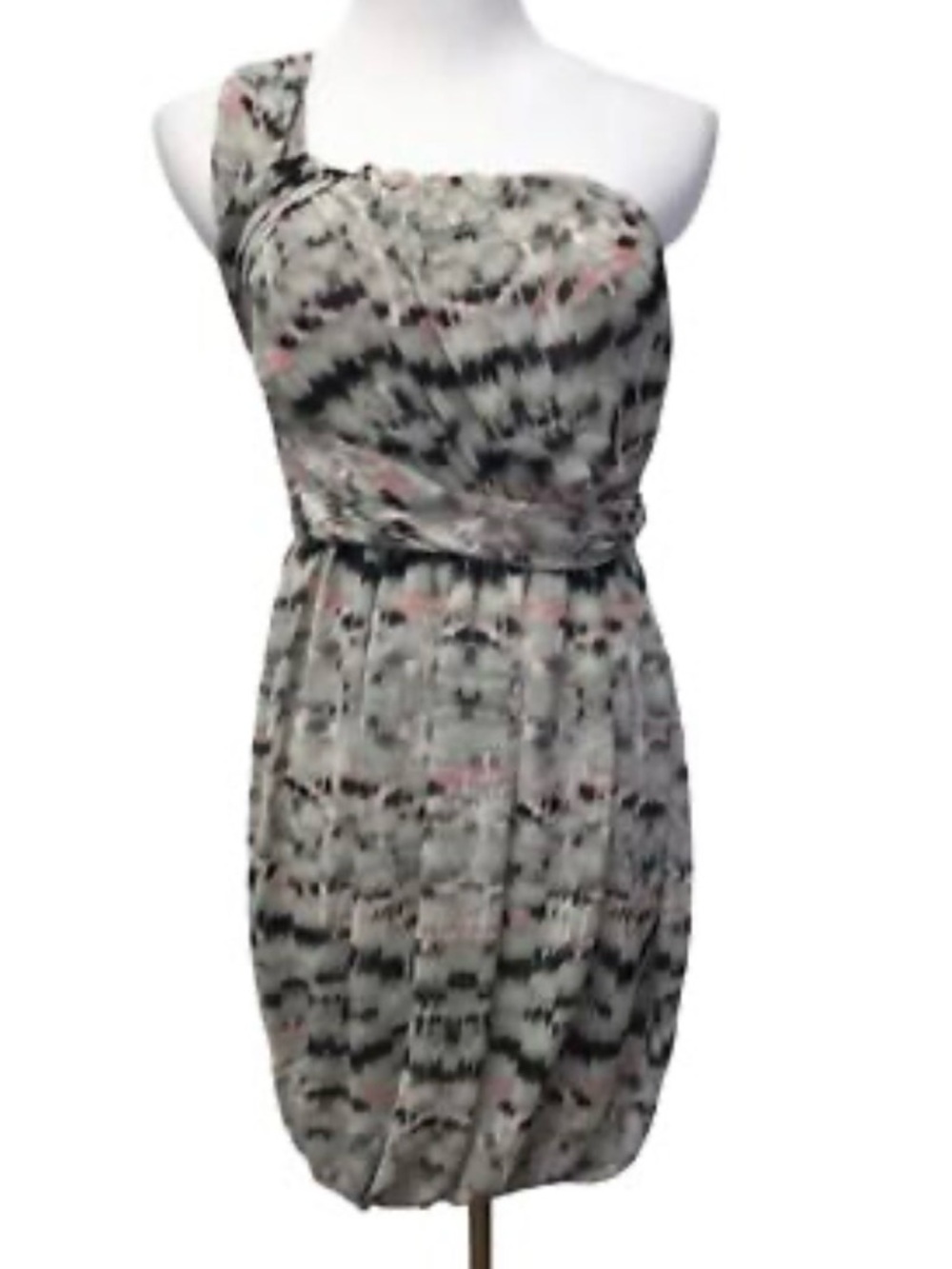 BCBGeneration One-Shoulder Printed Dress in Taupe, Black and Coral